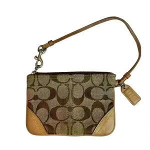 Coach Brown Canvas Leather Wristlet with Monogram Pattern